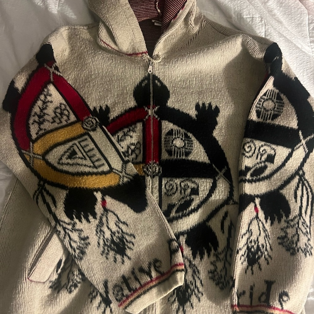 Cream Hooded Zip Sweater Jacket with Graphic Crest